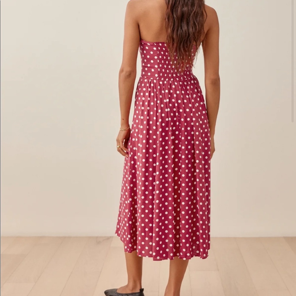 Reformation Strapless Raspberry Polka Dot Midi Dress - Picture 5 of 8